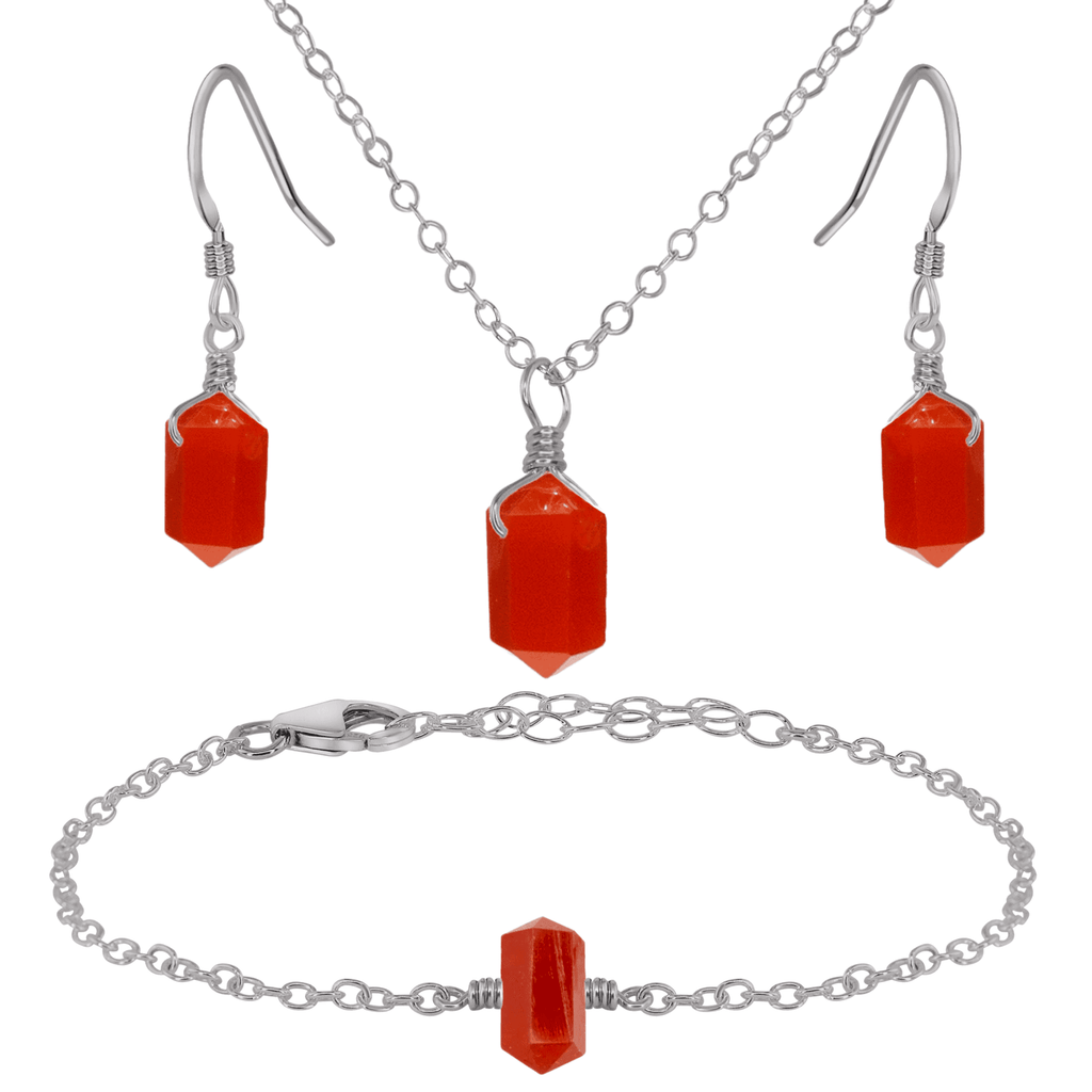 Carnelian Double Terminated Crystal Earrings, Necklace & Bracelet Set - Carnelian Double Terminated Crystal Earrings, Necklace & Bracelet Set - Stainless Steel - Luna Tide Handmade Crystal Jewellery