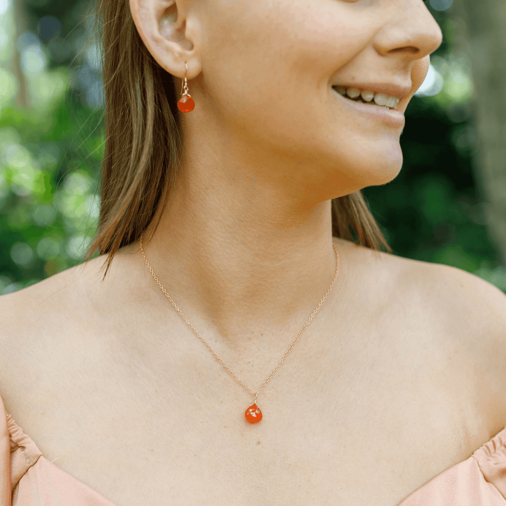 Carnelian Tiny Teardrop Earrings & Necklace Set - Carnelian Tiny Teardrop Earrings & Necklace Set - 14k Gold Fill / Cable - Luna Tide Handmade Crystal Jewellery