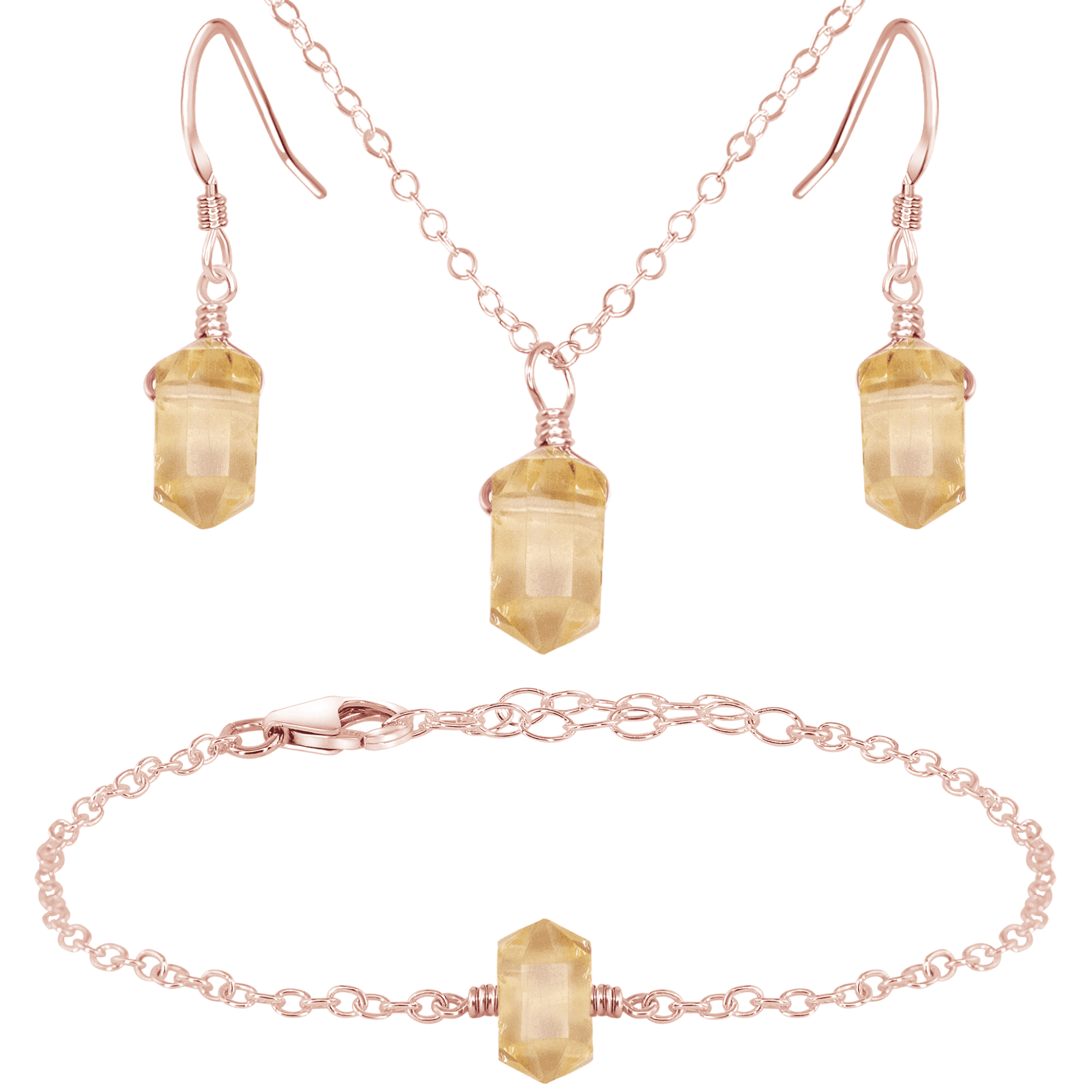 Citrine Double Terminated Crystal Earrings, Necklace & Bracelet Set - Citrine Double Terminated Crystal Earrings, Necklace & Bracelet Set - 14k Rose Gold Fill - Luna Tide Handmade Crystal Jewellery
