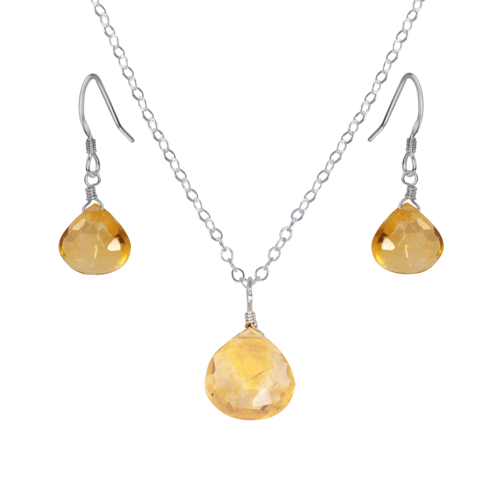 Citrine Tiny Teardrop Earrings & Necklace Set - Citrine Tiny Teardrop Earrings & Necklace Set - Stainless Steel / Cable - Luna Tide Handmade Crystal Jewellery