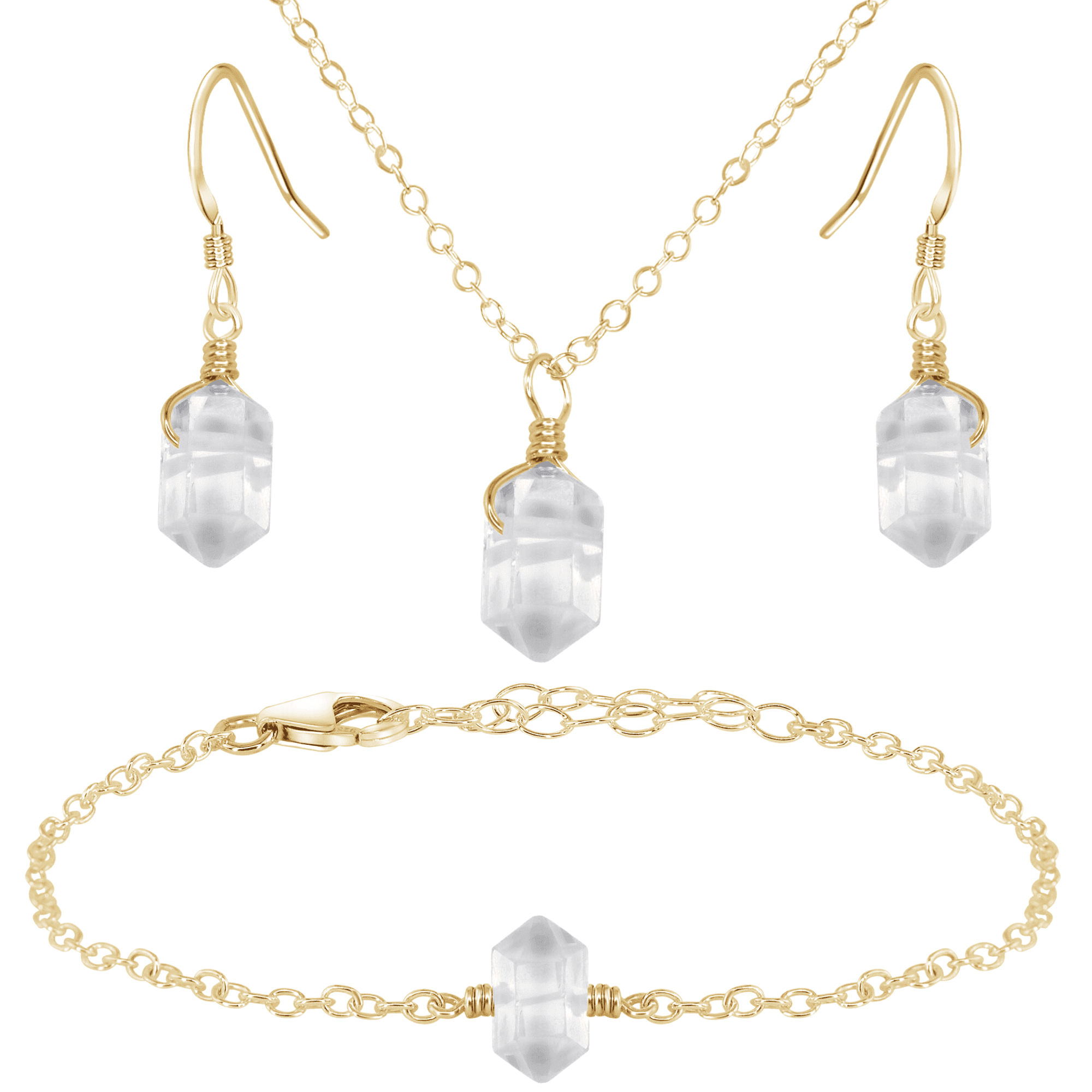 Crystal Quartz Double Terminated Earrings, Necklace & Bracelet Set - Crystal Quartz Double Terminated Earrings, Necklace & Bracelet Set - 14k Gold Fill - Luna Tide Handmade Crystal Jewellery