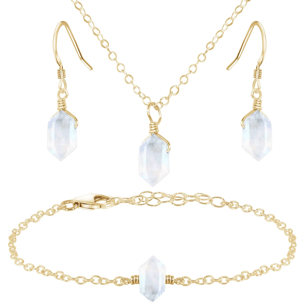 Rainbow Moonstone Double Terminated Crystal Earrings, Necklace & Bracelet Set - Rainbow Moonstone Double Terminated Crystal Earrings, Necklace & Bracelet Set - 14k Gold Fill - Luna Tide Handmade Crystal Jewellery