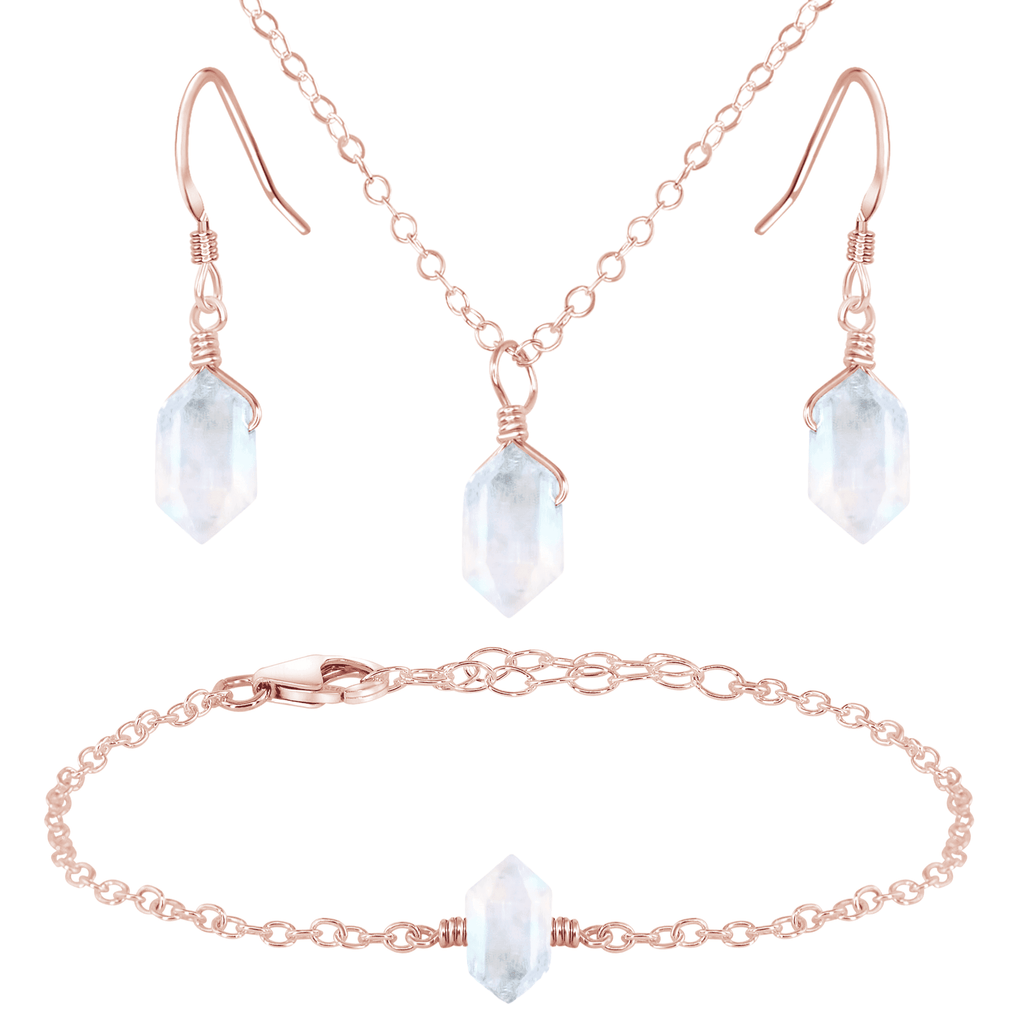 Rainbow Moonstone Double Terminated Crystal Earrings, Necklace & Bracelet Set - Rainbow Moonstone Double Terminated Crystal Earrings, Necklace & Bracelet Set - 14k Rose Gold Fill - Luna Tide Handmade Crystal Jewellery