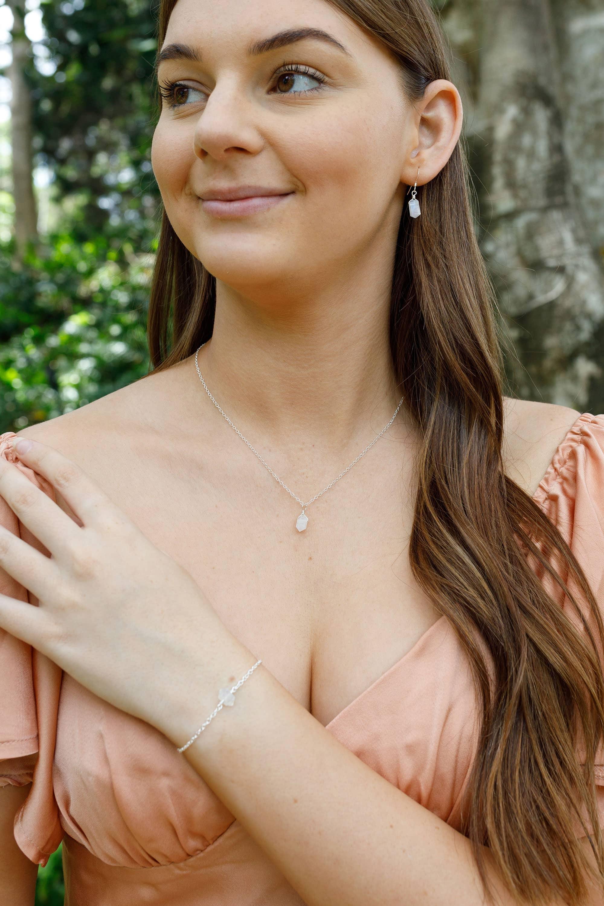 Rainbow Moonstone Double Terminated Crystal Earrings, Necklace & Bracelet Set - Rainbow Moonstone Double Terminated Crystal Earrings, Necklace & Bracelet Set - Sterling Silver - Luna Tide Handmade Crystal Jewellery