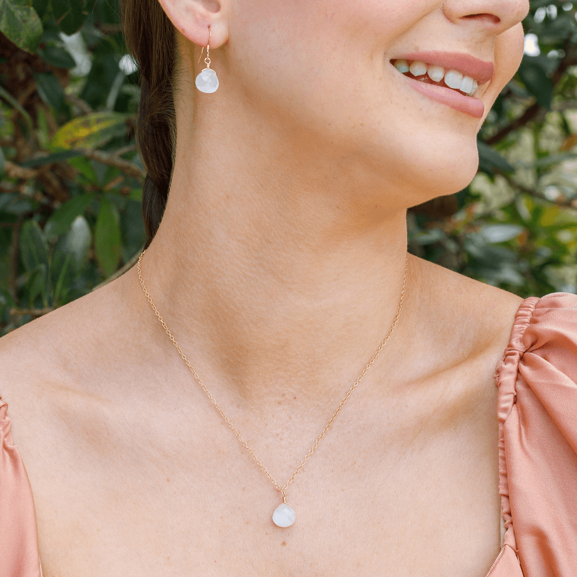 Rainbow Moonstone Tiny Teardrop Earrings & Necklace Set - Rainbow Moonstone Tiny Teardrop Earrings & Necklace Set - 14k Gold Fill / Cable - Luna Tide Handmade Crystal Jewellery