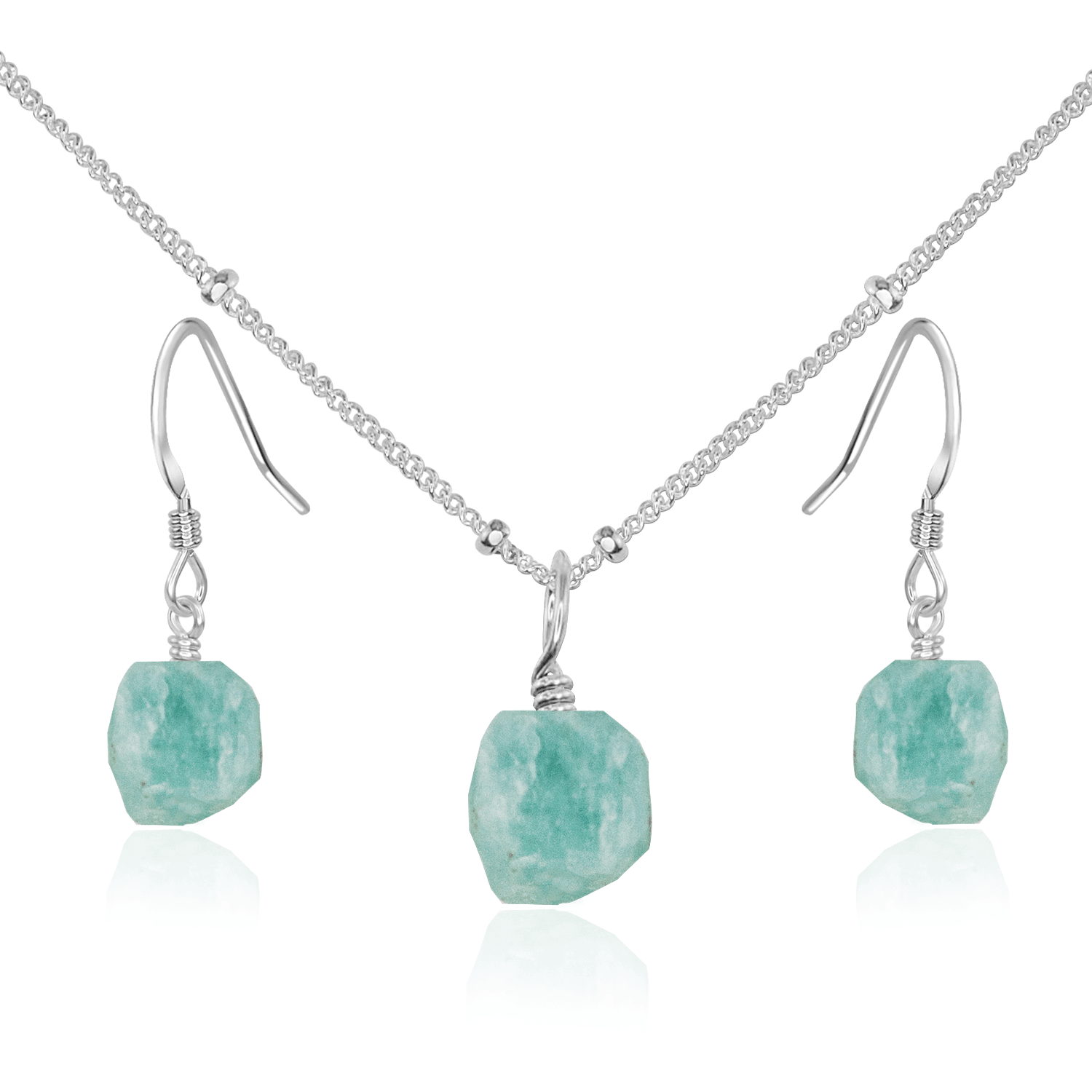 Raw Amazonite Crystal Jewellery Set - Raw Amazonite Crystal Jewellery Set - Sterling Silver / Satellite / Necklace & Earrings - Luna Tide Handmade Crystal Jewellery