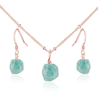 Raw Amazonite Crystal Earrings & Necklace Set - Raw Amazonite Crystal Earrings & Necklace Set - 14k Rose Gold Fill / Satellite - Luna Tide Handmade Crystal Jewellery