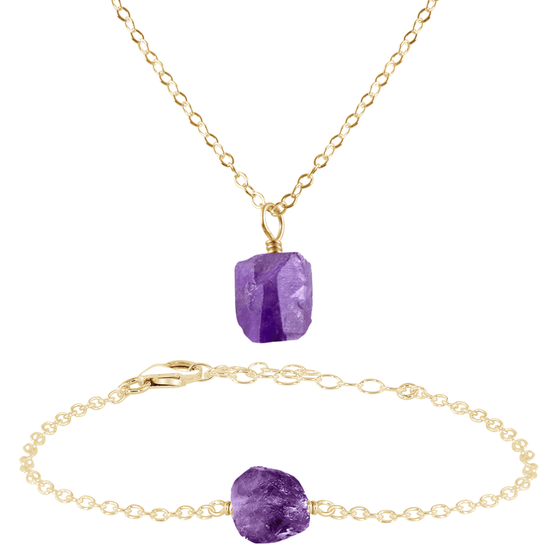 Raw Amethyst Crystal Necklace & Bracelet Set - Raw Amethyst Crystal Necklace & Bracelet Set - 14k Gold Fill - Luna Tide Handmade Crystal Jewellery