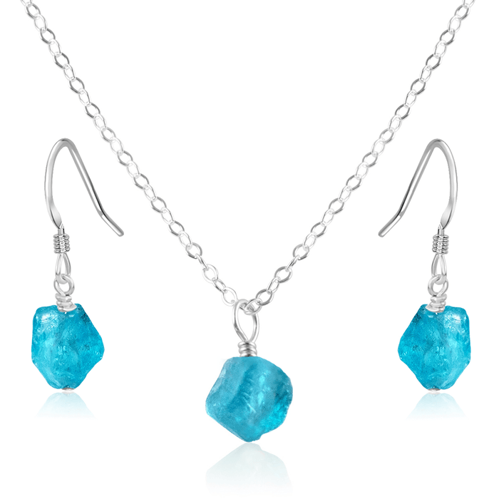 Raw Apatite Crystal Earrings & Necklace Set - Raw Apatite Crystal Earrings & Necklace Set - Sterling Silver / Cable - Luna Tide Handmade Crystal Jewellery