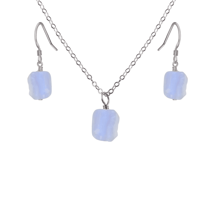 Raw Blue Lace Agate Crystal Earrings & Necklace Set - Raw Blue Lace Agate Crystal Earrings & Necklace Set - Stainless Steel / Cable - Luna Tide Handmade Crystal Jewellery