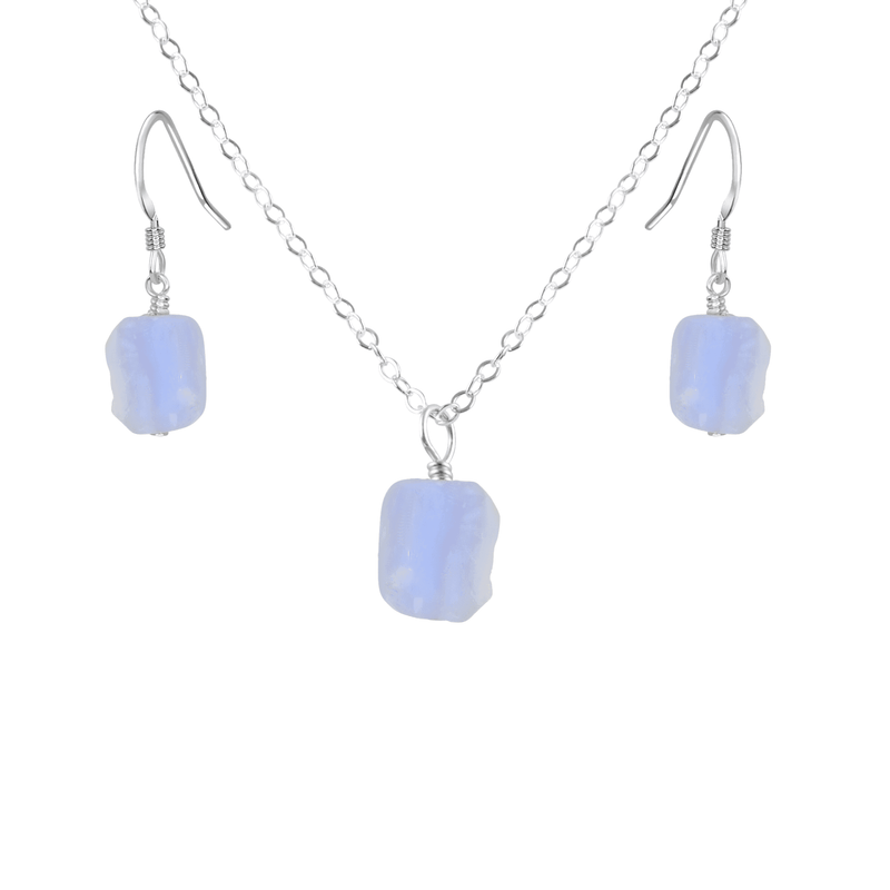 Raw Blue Lace Agate Crystal Earrings & Necklace Set - Raw Blue Lace Agate Crystal Earrings & Necklace Set - Sterling Silver - Luna Tide Handmade Crystal Jewellery