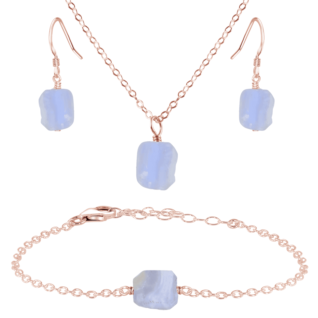 Raw Blue Lace Agate Crystal Earrings, Necklace & Bracelet Set - Raw Blue Lace Agate Crystal Earrings, Necklace & Bracelet Set - 14k Rose Gold Fill - Luna Tide Handmade Crystal Jewellery