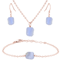 Raw Blue Lace Agate Crystal Earrings, Necklace & Bracelet Set - Raw Blue Lace Agate Crystal Earrings, Necklace & Bracelet Set - 14k Rose Gold Fill - Luna Tide Handmade Crystal Jewellery