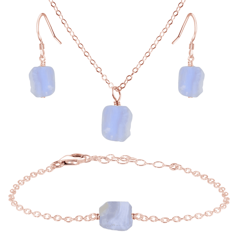Raw Blue Lace Agate Crystal Earrings, Necklace & Bracelet Set - Raw Blue Lace Agate Crystal Earrings, Necklace & Bracelet Set - 14k Rose Gold Fill - Luna Tide Handmade Crystal Jewellery