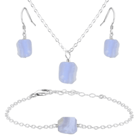 Raw Blue Lace Agate Crystal Earrings, Necklace & Bracelet Set - Raw Blue Lace Agate Crystal Earrings, Necklace & Bracelet Set - Sterling Silver - Luna Tide Handmade Crystal Jewellery