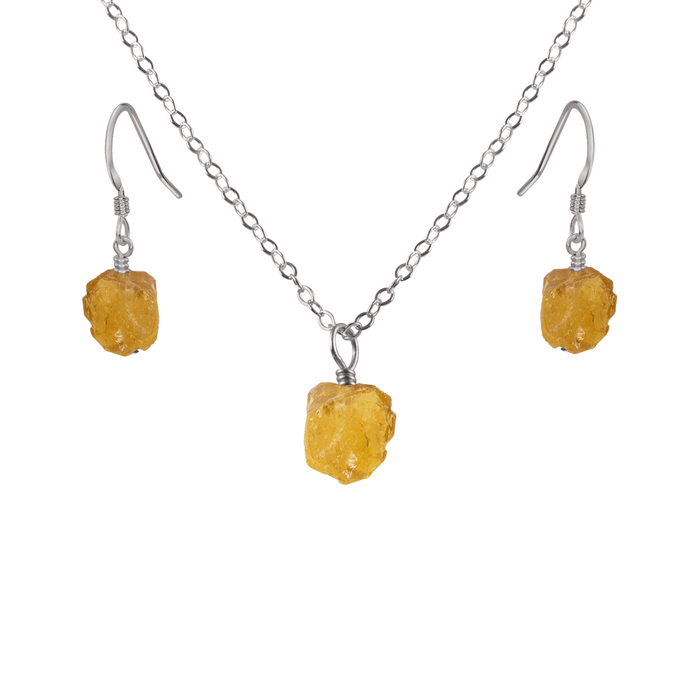 Raw Citrine Crystal Earrings & Necklace Set - Raw Citrine Crystal Earrings & Necklace Set - Stainless Steel / Cable - Luna Tide Handmade Crystal Jewellery