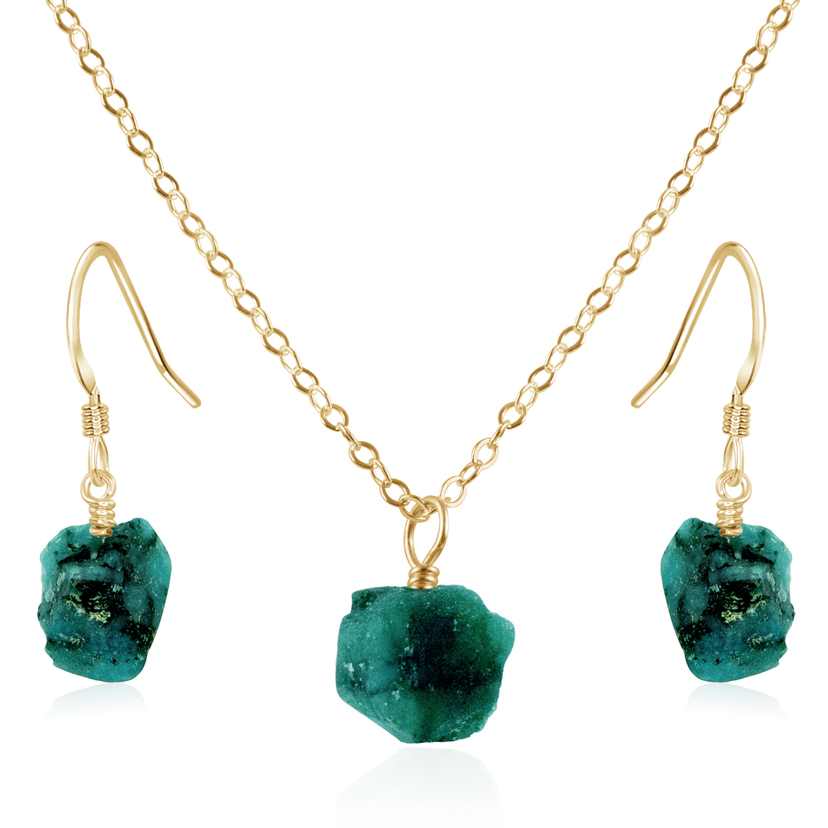 Raw Emerald Crystal Earrings & Necklace Set - Raw Emerald Crystal Earrings & Necklace Set - 14k Gold Fill / Cable - Luna Tide Handmade Crystal Jewellery