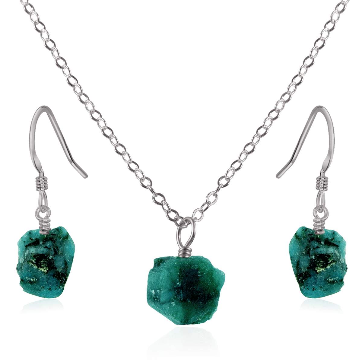 Raw Emerald Crystal Earrings & Necklace Set - Raw Emerald Crystal Earrings & Necklace Set - Stainless Steel / Cable - Luna Tide Handmade Crystal Jewellery