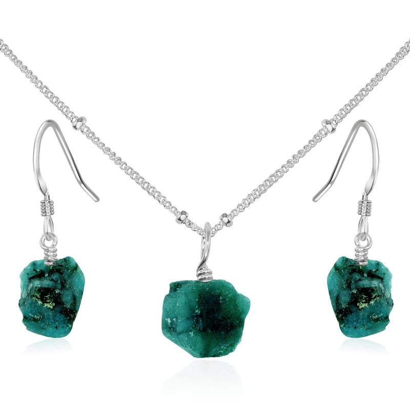 Raw Emerald Crystal Earrings & Necklace Set - Raw Emerald Crystal Earrings & Necklace Set - Sterling Silver / Satellite - Luna Tide Handmade Crystal Jewellery