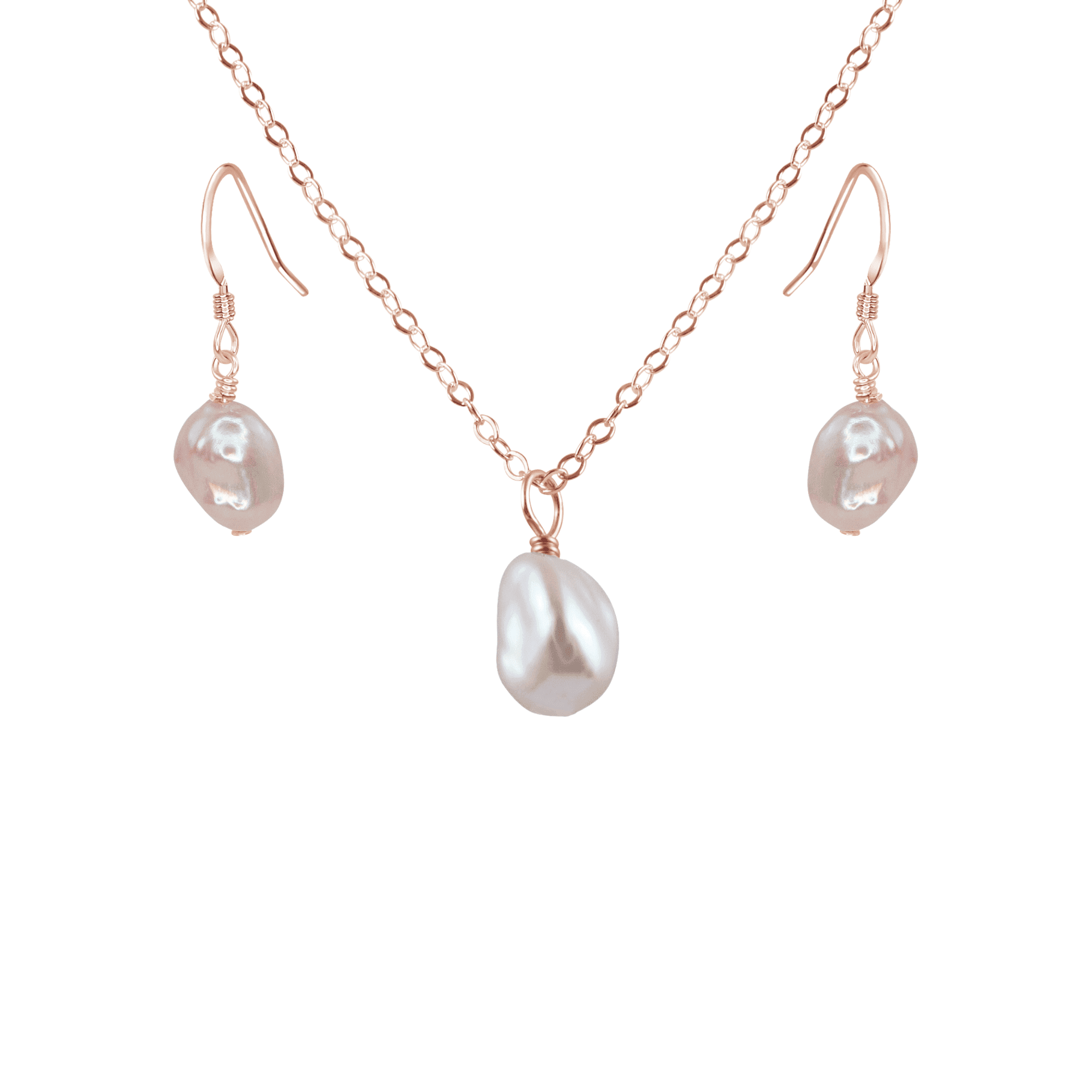 Raw Freshwater Pearl Crystal Earrings & Necklace Set - Raw Freshwater Pearl Crystal Earrings & Necklace Set - 14k Rose Gold Fill / Cable - Luna Tide Handmade Crystal Jewellery