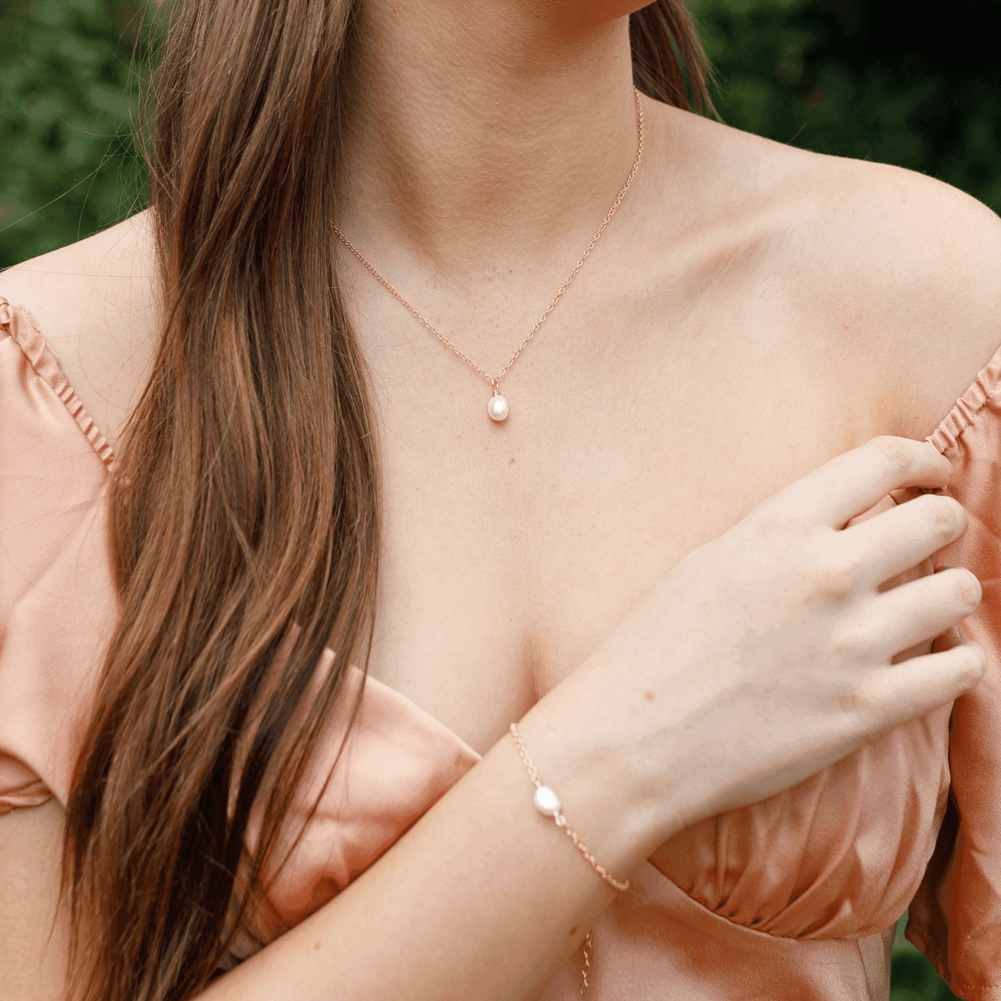 Raw Freshwater Pearl Crystal Necklace & Bracelet Set - Raw Freshwater Pearl Crystal Necklace & Bracelet Set - 14k Gold Fill - Luna Tide Handmade Crystal Jewellery