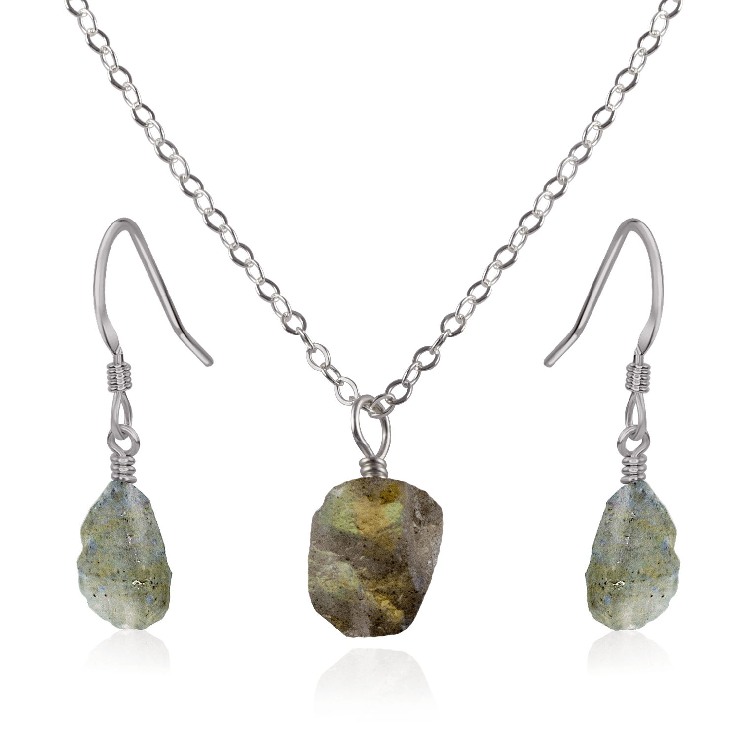 Raw Labradorite Crystal Jewellery Set - Raw Labradorite Crystal Jewellery Set - Stainless Steel / Cable / Necklace & Earrings - Luna Tide Handmade Crystal Jewellery
