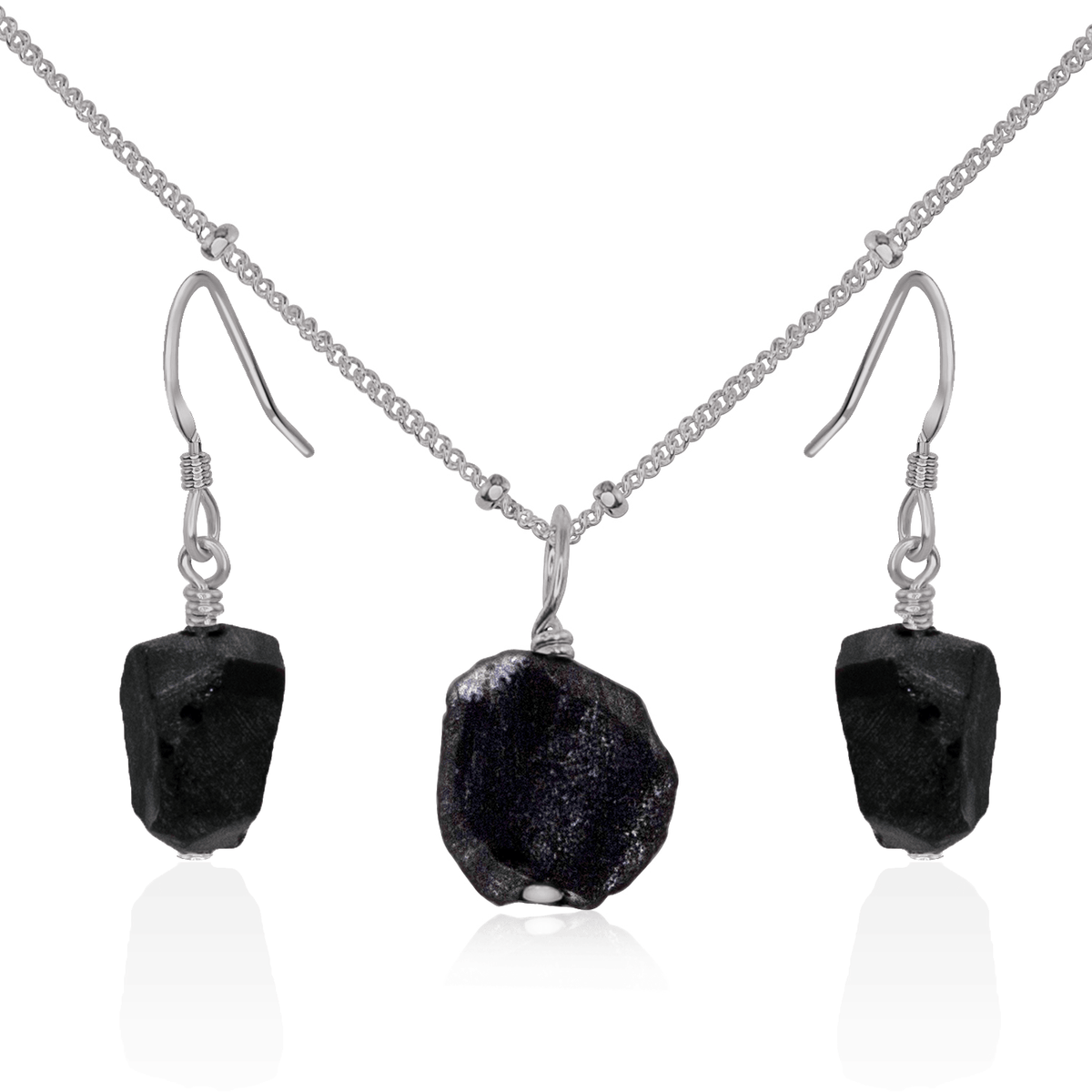 Raw Obsidian Crystal Earrings & Necklace Set - Raw Obsidian Crystal Earrings & Necklace Set - Stainless Steel / Satellite - Luna Tide Handmade Crystal Jewellery