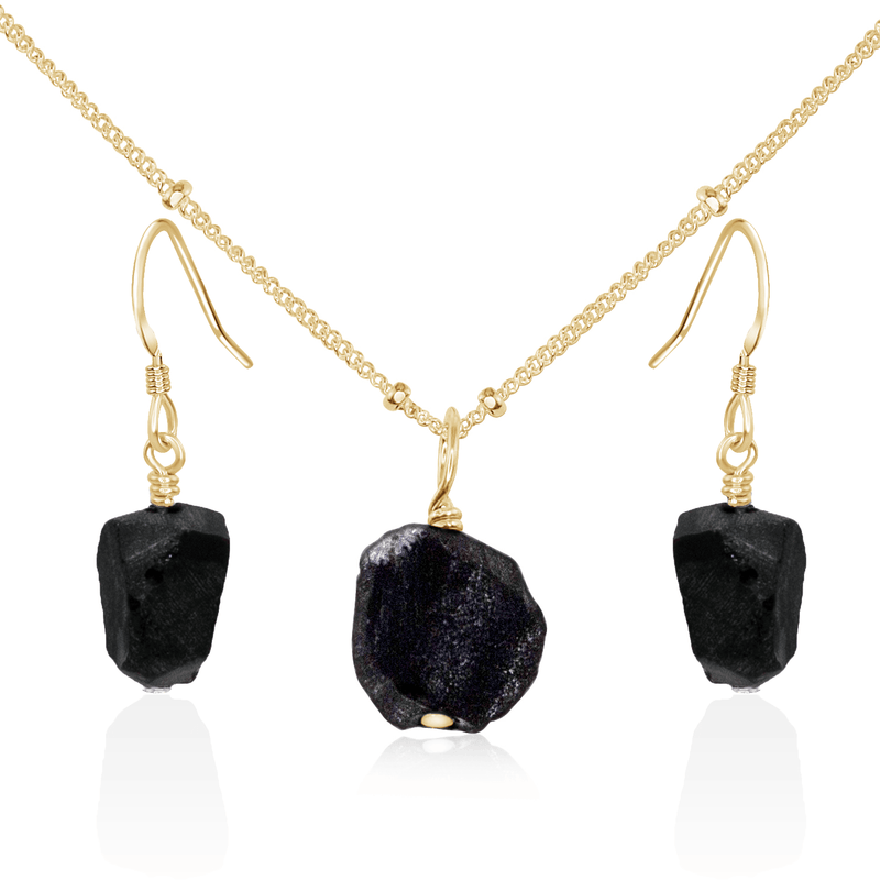 Raw Obsidian Crystal Earrings & Necklace Set - Raw Obsidian Crystal Earrings & Necklace Set - 14k Gold Fill / Satellite - Luna Tide Handmade Crystal Jewellery
