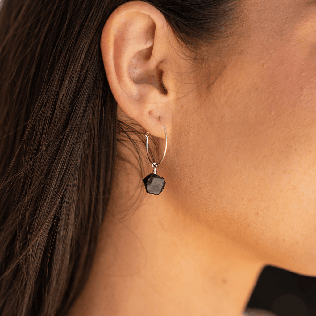 Raw Obsidian Gemstone Dangle Hoop Earrings - Raw Obsidian Gemstone Dangle Hoop Earrings - Sterling Silver - Luna Tide Handmade Crystal Jewellery