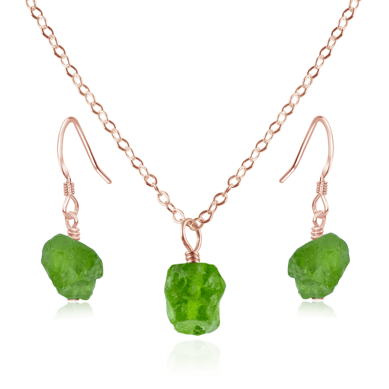 Raw Peridot Crystal Earrings & Necklace Set - Raw Peridot Crystal Earrings & Necklace Set - 14k Rose Gold Fill / Cable - Luna Tide Handmade Crystal Jewellery