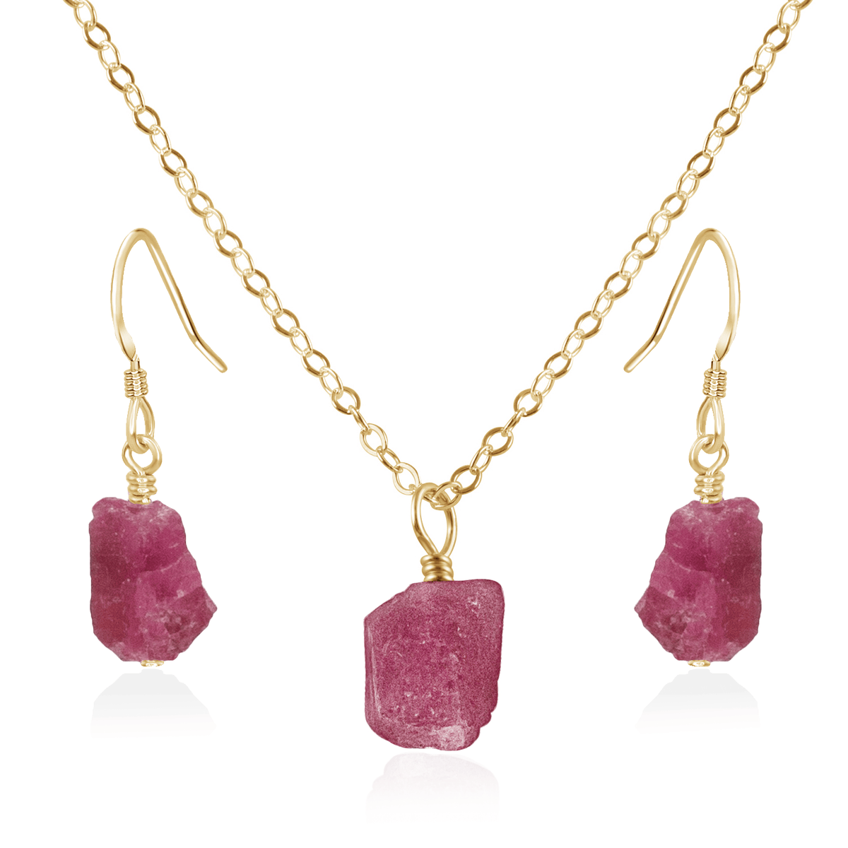 Raw Pink Tourmaline Crystal Earrings & Necklace Set - Raw Pink Tourmaline Crystal Earrings & Necklace Set - 14k Gold Fill / Cable - Luna Tide Handmade Crystal Jewellery