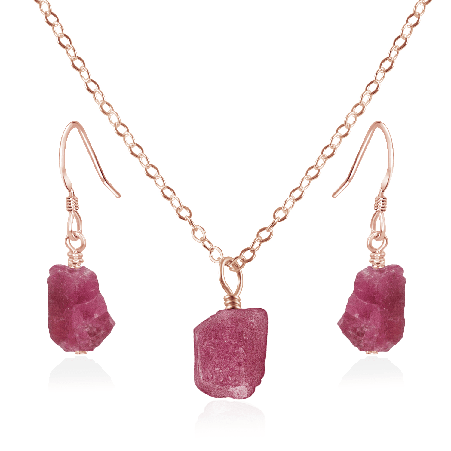 Raw Pink Tourmaline Crystal Jewellery Set - Raw Pink Tourmaline Crystal Jewellery Set - 14k Rose Gold Fill / Cable / Necklace & Earrings - Luna Tide Handmade Crystal Jewellery