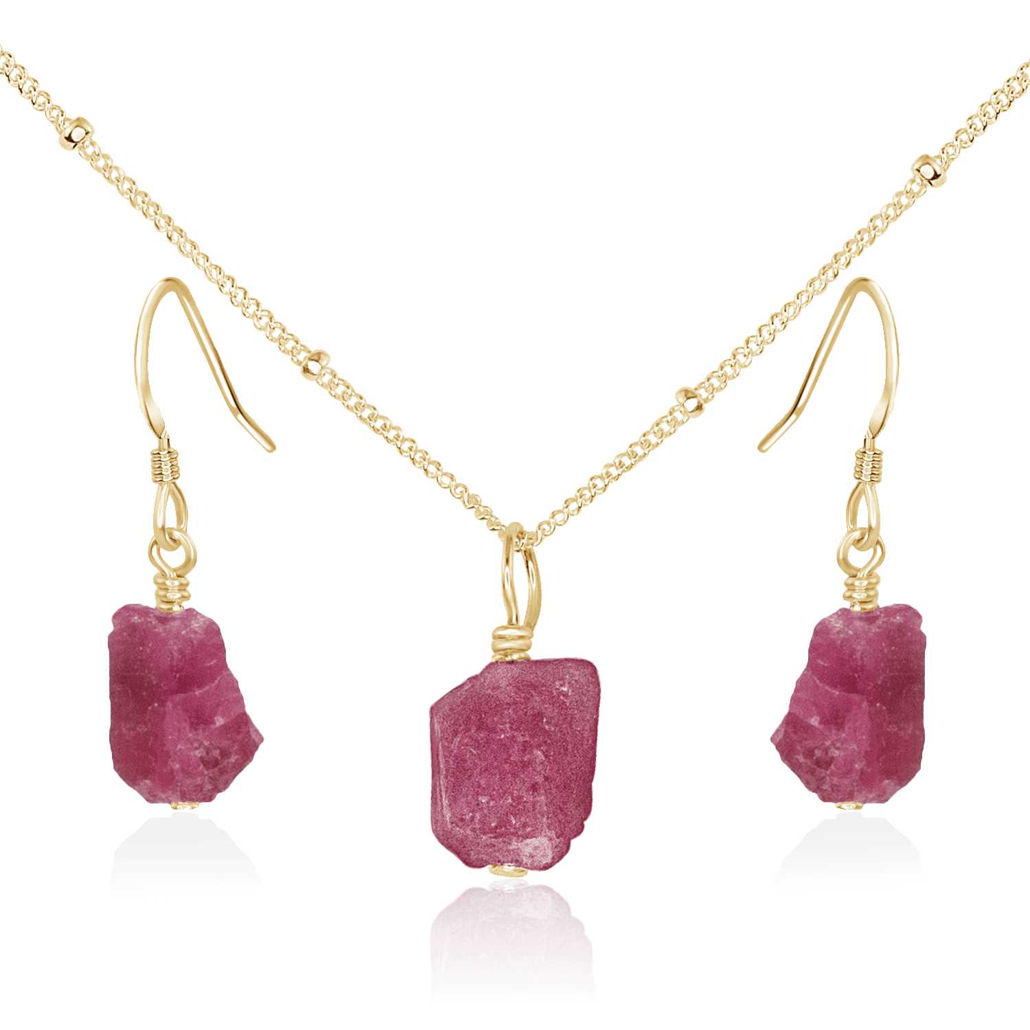 Raw Pink Tourmaline Crystal Jewellery Set - Raw Pink Tourmaline Crystal Jewellery Set - 14k Gold Fill / Satellite / Necklace & Earrings - Luna Tide Handmade Crystal Jewellery
