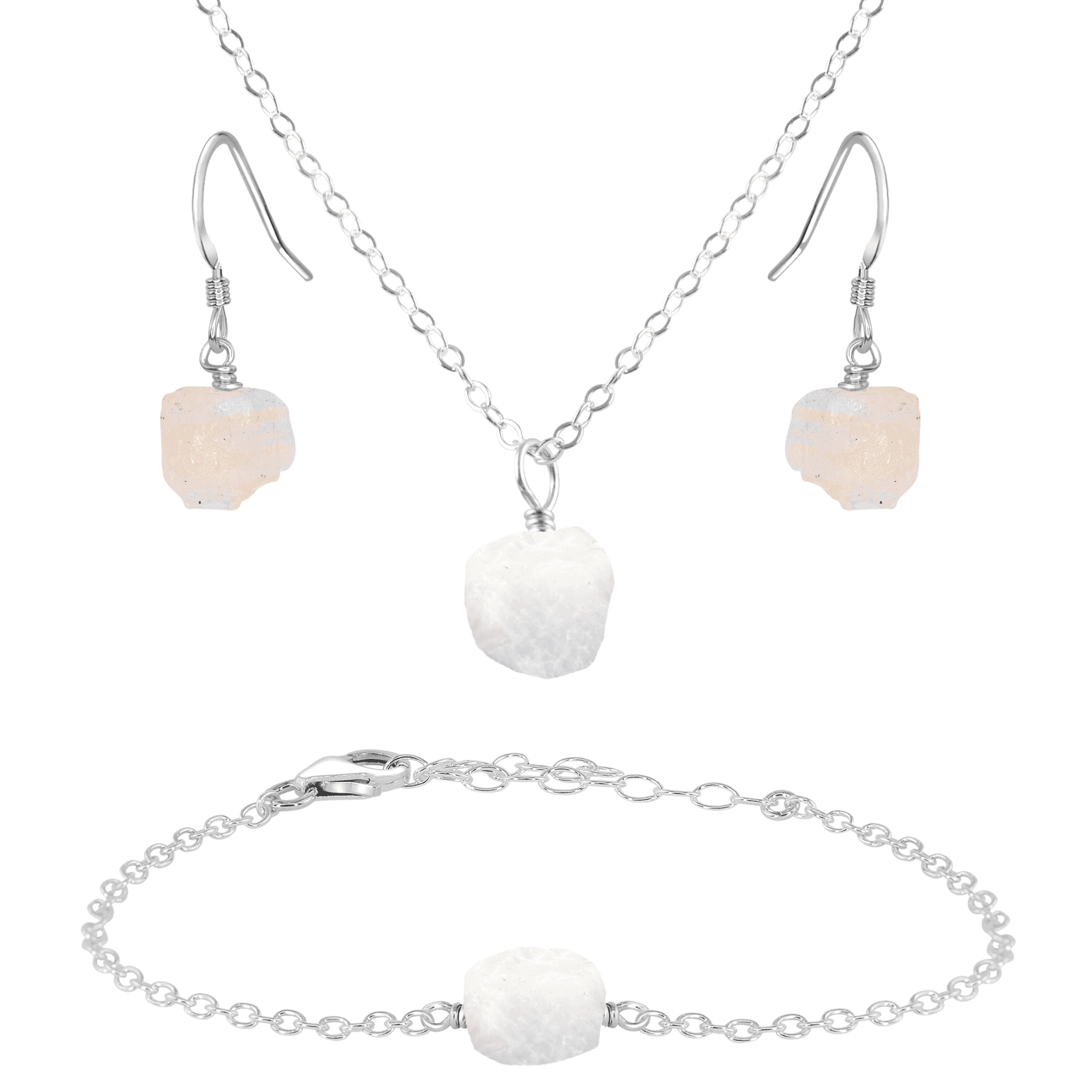 Raw Rainbow Moonstone Crystal Earrings, Necklace & Bracelet Set - Raw Rainbow Moonstone Crystal Earrings, Necklace & Bracelet Set - Sterling Silver - Luna Tide Handmade Crystal Jewellery