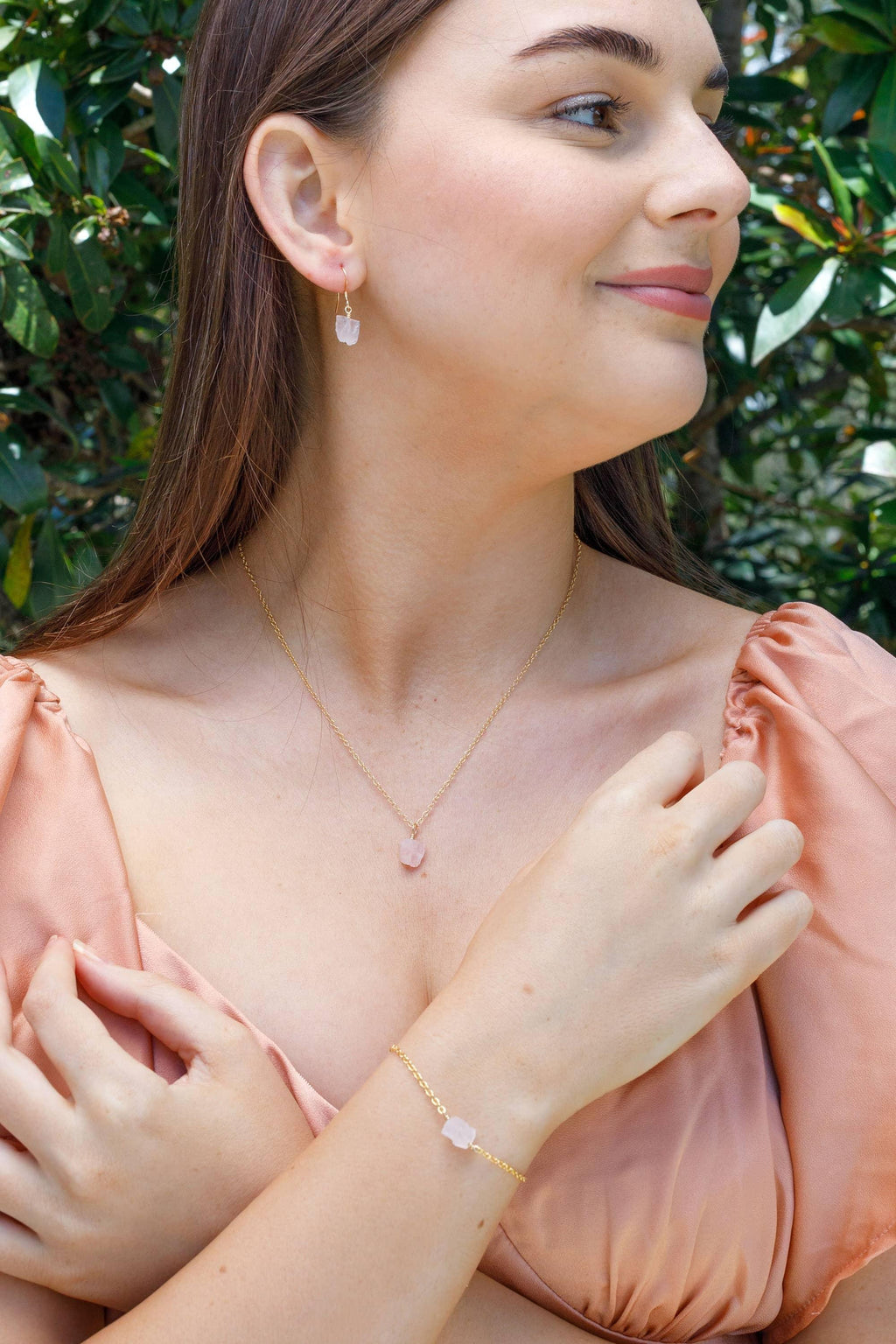 Raw Rose Quartz Crystal Earrings, Necklace & Bracelet Set - Raw Rose Quartz Crystal Earrings, Necklace & Bracelet Set - 14k Gold Fill - Luna Tide Handmade Crystal Jewellery