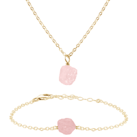 Raw Rose Quartz Crystal Necklace & Bracelet Set - Raw Rose Quartz Crystal Necklace & Bracelet Set - 14k Gold Fill - Luna Tide Handmade Crystal Jewellery
