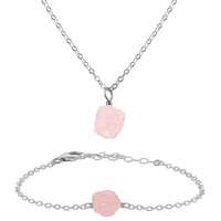 Raw Rose Quartz Crystal Necklace & Bracelet Set - Raw Rose Quartz Crystal Necklace & Bracelet Set - Stainless Steel - Luna Tide Handmade Crystal Jewellery