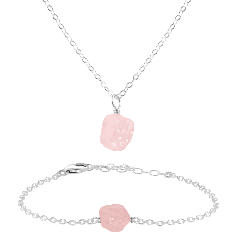 Raw Rose Quartz Crystal Necklace & Bracelet Set - Raw Rose Quartz Crystal Necklace & Bracelet Set - Sterling Silver - Luna Tide Handmade Crystal Jewellery