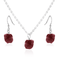 Raw Ruby Crystal Earrings & Necklace Set - Raw Ruby Crystal Earrings & Necklace Set - Sterling Silver / Cable - Luna Tide Handmade Crystal Jewellery