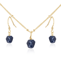 Raw Sapphire Crystal Earrings & Necklace Set - Raw Sapphire Crystal Earrings & Necklace Set - 14k Gold Fill / Satellite - Luna Tide Handmade Crystal Jewellery