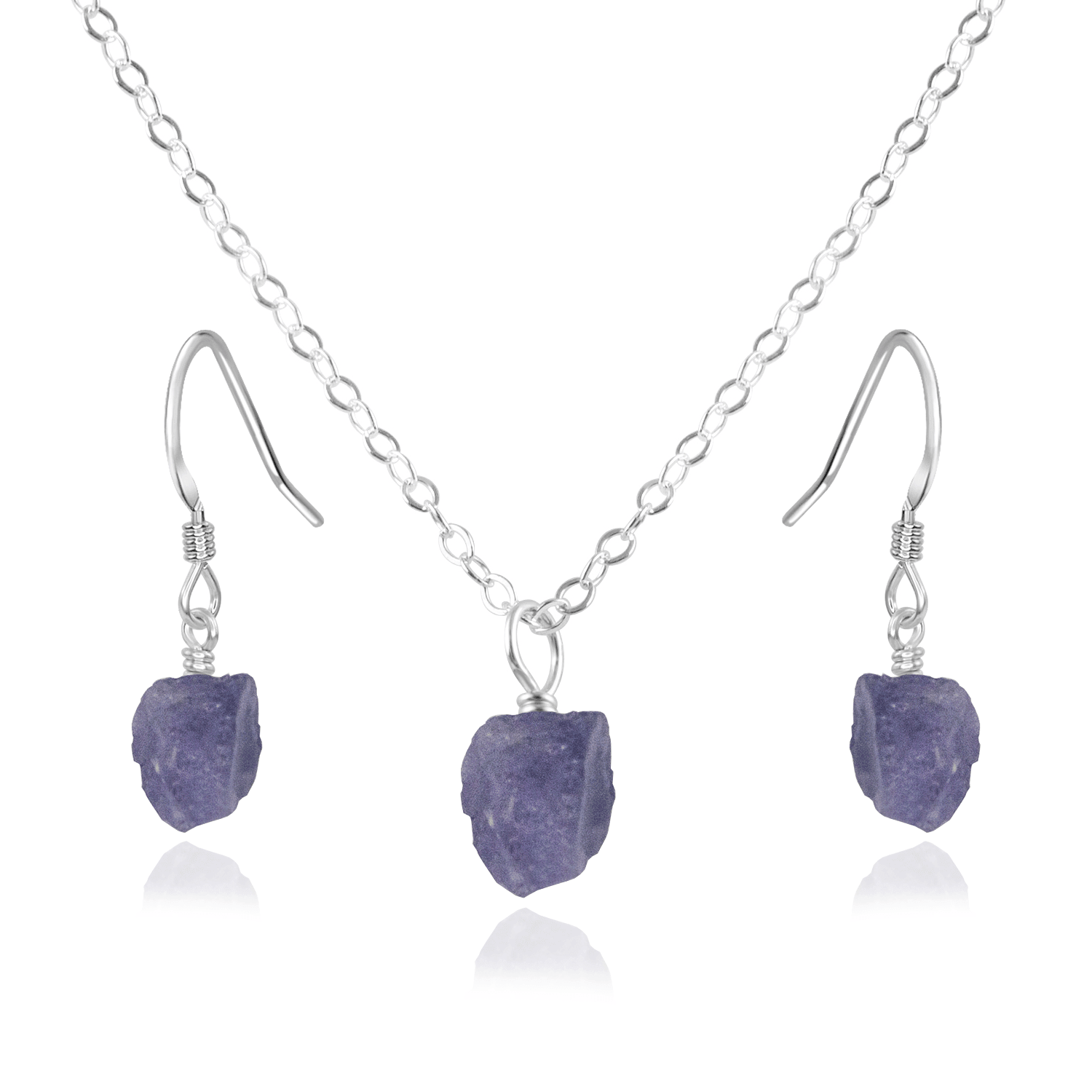 Raw Tanzanite Crystal Jewellery Set - Raw Tanzanite Crystal Jewellery Set - Sterling Silver / Cable / Necklace & Earrings - Luna Tide Handmade Crystal Jewellery