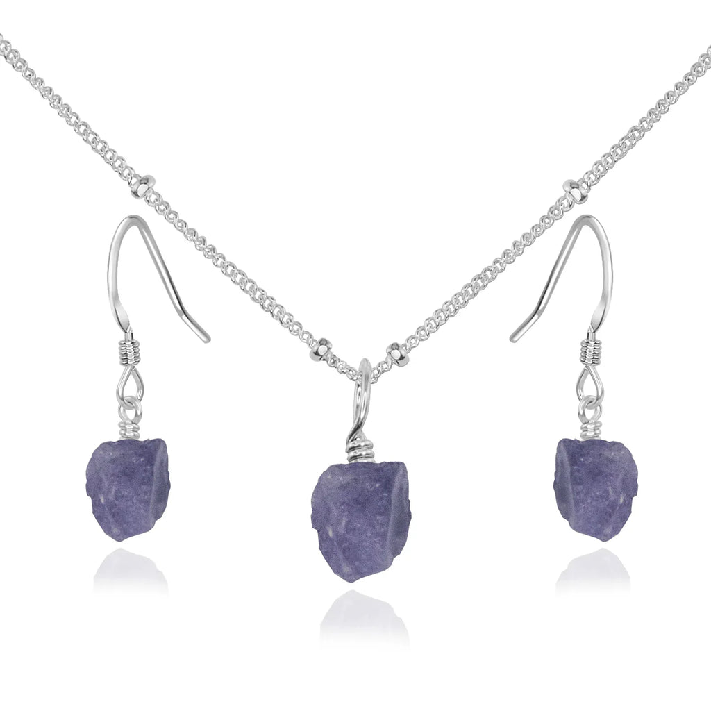 Raw Tanzanite Crystal Jewellery Set - Raw Tanzanite Crystal Jewellery Set - Sterling Silver / Satellite / Necklace & Earrings - Luna Tide Handmade Crystal Jewellery