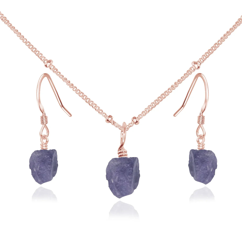 Raw Tanzanite Crystal Jewellery Set - Raw Tanzanite Crystal Jewellery Set - 14k Rose Gold Fill / Satellite / Necklace & Earrings - Luna Tide Handmade Crystal Jewellery