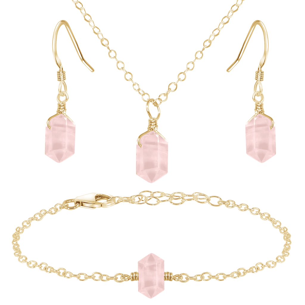 Rose Quartz Double Terminated Crystal Earrings, Necklace & Bracelet Set - Rose Quartz Double Terminated Crystal Earrings, Necklace & Bracelet Set - 14k Gold Fill - Luna Tide Handmade Crystal Jewellery