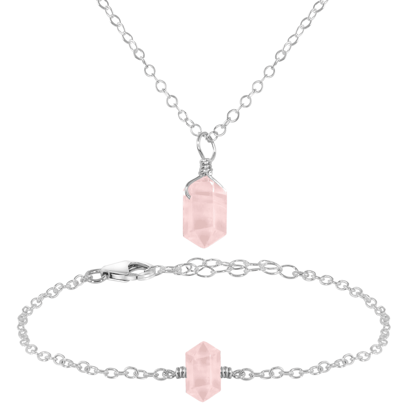 Rose Quartz Double Terminated Crystal Necklace & Bracelet Set - Rose Quartz Double Terminated Crystal Necklace & Bracelet Set - Sterling Silver - Luna Tide Handmade Crystal Jewellery