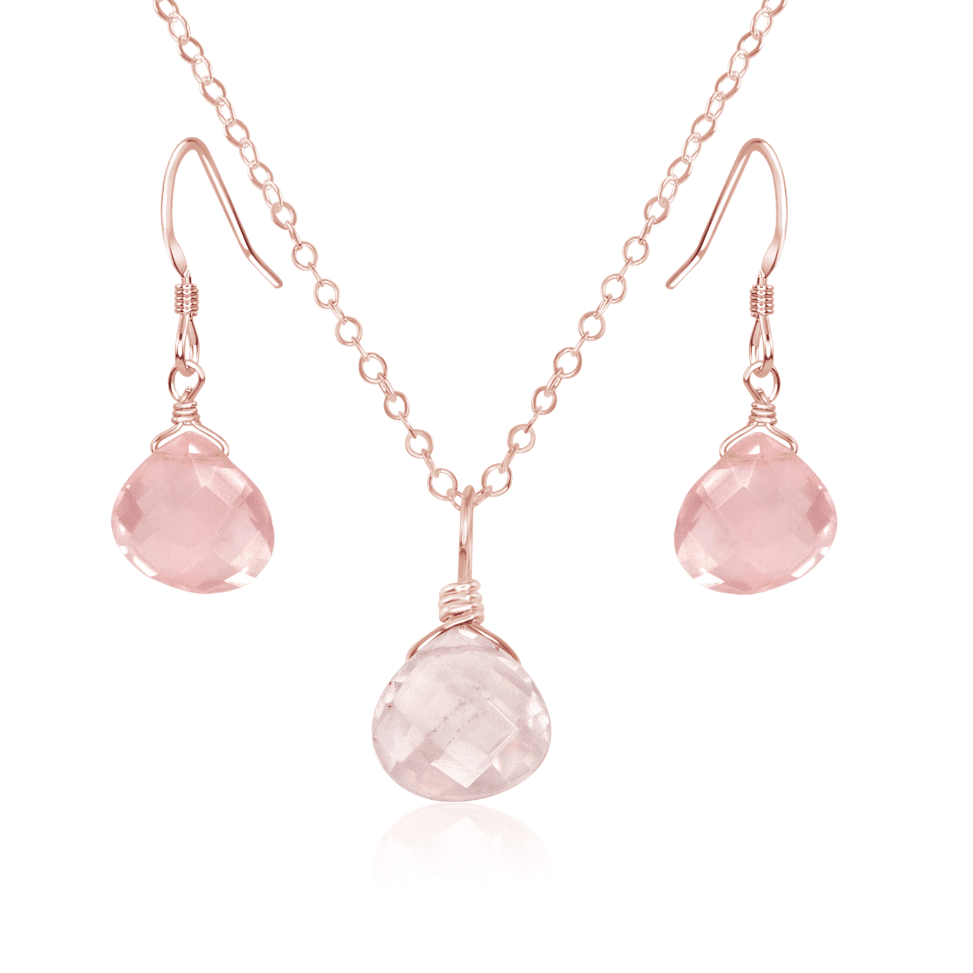 Rose Quartz Tiny Teardrop Earrings & Necklace Set - Rose Quartz Tiny Teardrop Earrings & Necklace Set - 14k Rose Gold Fill / Cable - Luna Tide Handmade Crystal Jewellery