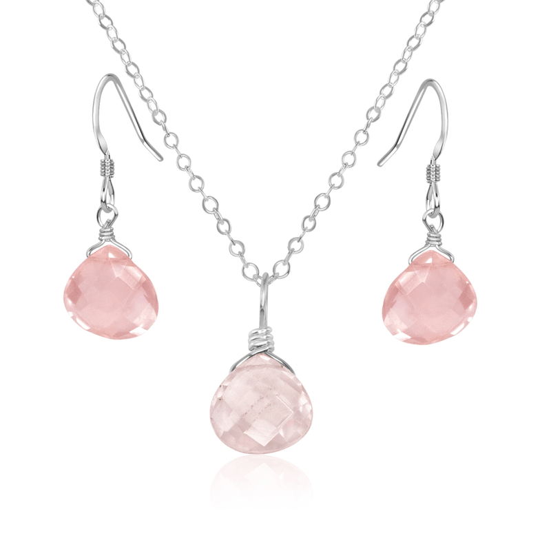 Rose Quartz Tiny Teardrop Earrings & Necklace Set - Rose Quartz Tiny Teardrop Earrings & Necklace Set - Sterling Silver / Cable - Luna Tide Handmade Crystal Jewellery