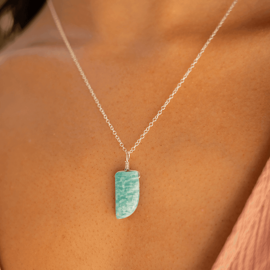 Small Smooth Amazonite Gentle Point Crystal Pendant Necklace - Small Smooth Amazonite Gentle Point Crystal Pendant Necklace - Sterling Silver / Cable - Luna Tide Handmade Crystal Jewellery