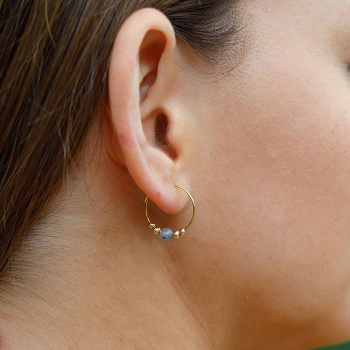 Tiny Labradorite Gemstone Bead Hoop Earrings - Tiny Labradorite Gemstone Bead Hoop Earrings - 14k Gold Fill - Luna Tide Handmade Crystal Jewellery