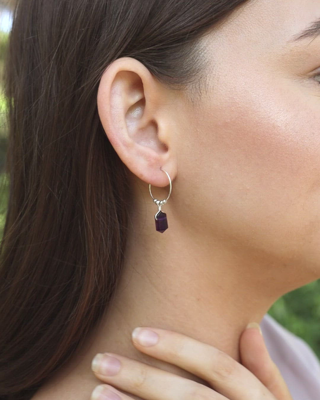 Double Terminated Amethyst Mini Crystal Point Dangle Hoop Earrings